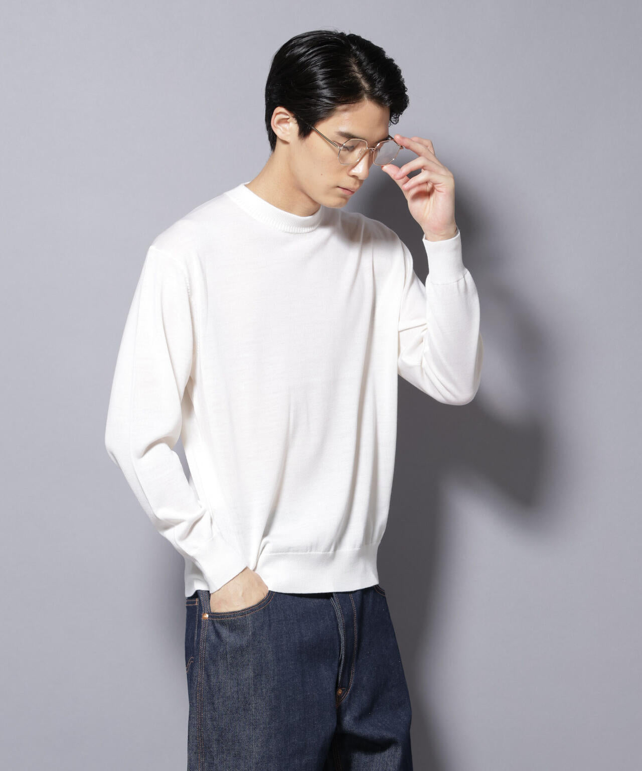 「毛玉レスニット」ファインゲージクルーネック